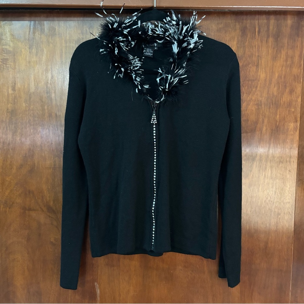 Radzoli Black Feather Collar Zip Up Sweater size M